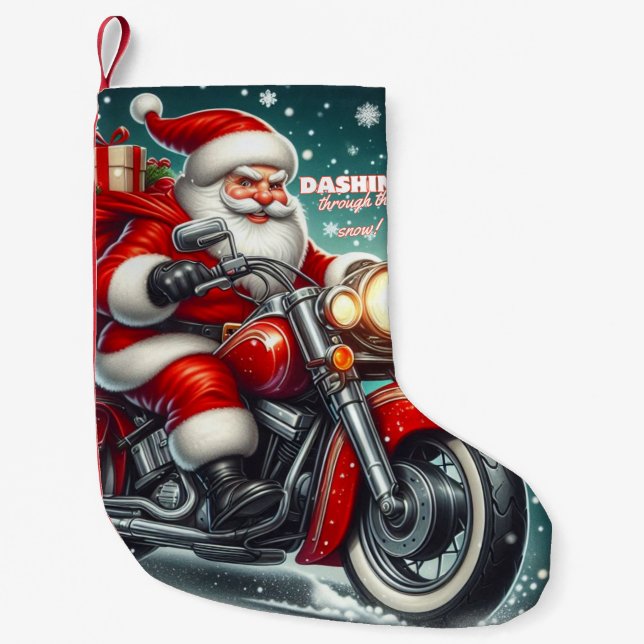 Santa on a motorcycle small christmas stocking (Front)