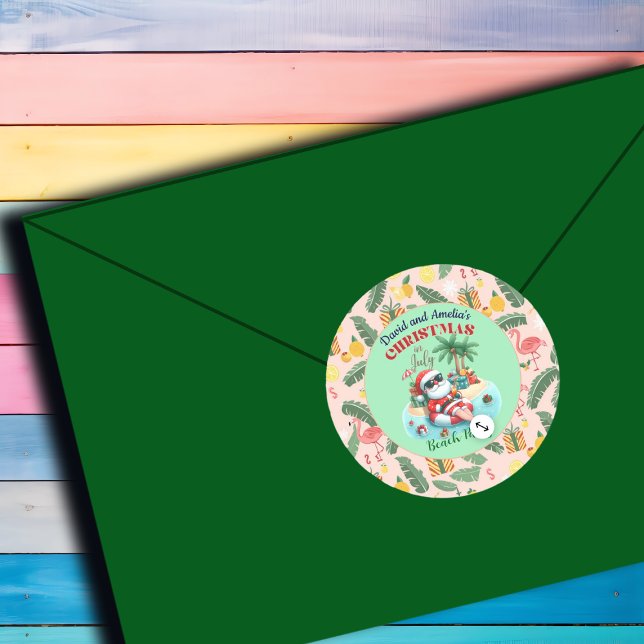 Santa on a Tropical Island Christmas in July Party Classic Round Sticker (Creator Uploaded)