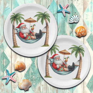Santa on a Tropical Island Christmas Paper Plate