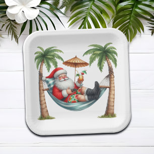 Santa on a Tropical Island Christmas Paper Plate