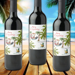Santa on a Tropical Island Christmas Wine Label