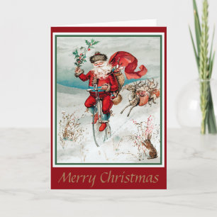 Santa on Bicycle with Deer and Rabbit Card