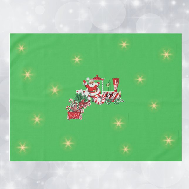 Santa on Christmas Train Candy Canes Stars Green Tablecloth (Santa riding Christmas train letters, candy canes, gold twinkle stars on green holiday tablecloth.)