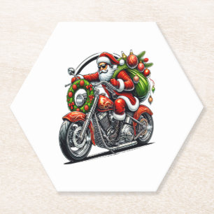 Santa on Motorcycle Christmas Biker Paper Coaster