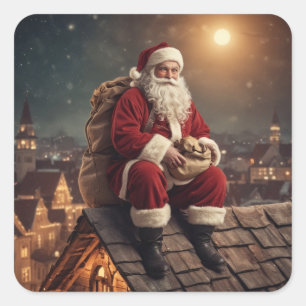 Santa on Rooftop Square Sticker