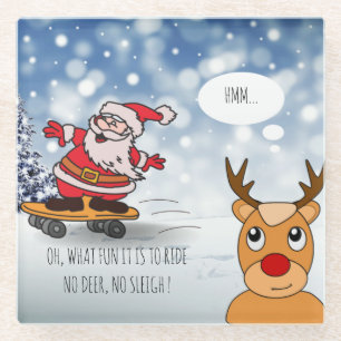 Santa on skateboard funny reindeer sleigh winter g glass coaster