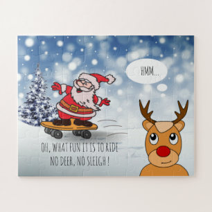 Santa on skateboard funny reindeer sleigh winter jigsaw puzzle