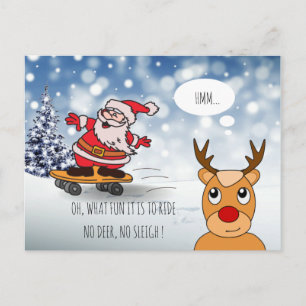 Santa on skateboard funny reindeer sleigh winter postcard