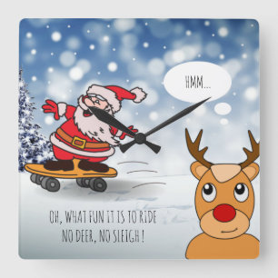 Santa on skateboard funny reindeer sleigh winter square wall clock