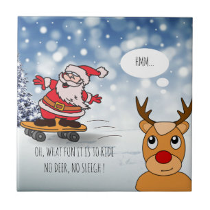 Santa on skateboard funny reindeer sleigh winter  tile