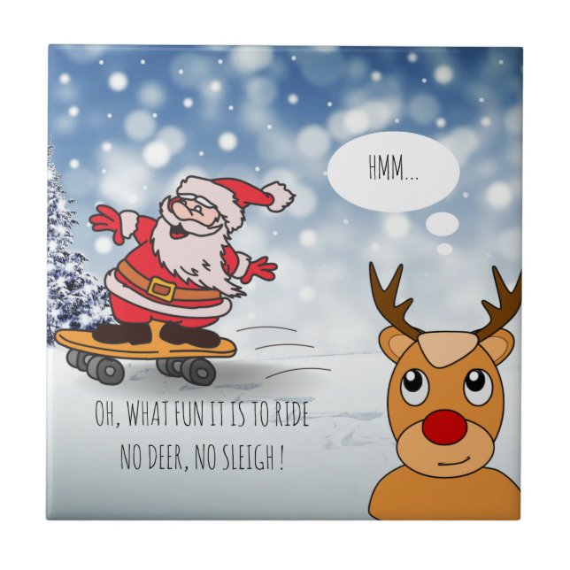 Santa on skateboard funny reindeer sleigh winter tile (Front)
