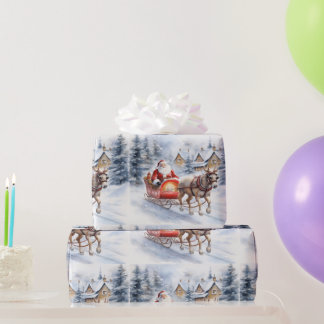Santa on sleigh in snowy woods wrapping paper