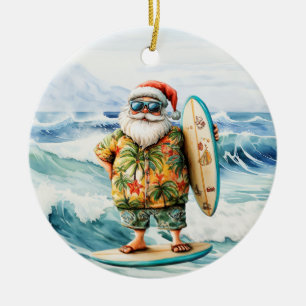Santa on surfboard on sea background ceramic tree decoration