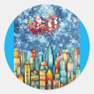 SANTA OVER THE CITY CLASSIC ROUND STICKER