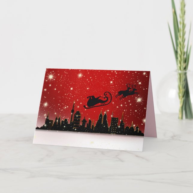 Santa over the city greeting card (Front)