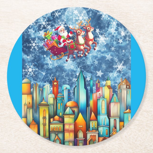 SANTA OVER THE CITY ROUND PAPER COASTER (Front)