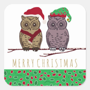 Santa Owl and Elf Owl Square Sticker