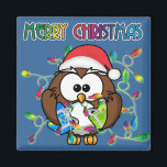 Santa owl & Christmas lights Magnet<br><div class="desc">Sweet,  funny and custmizable  Santa owl tangled in rainbow Christmas lights.</div>