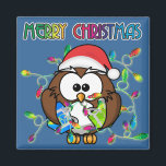 Santa owl & Christmas lights Magnet<br><div class="desc">Sweet,  funny and custmizable  Santa owl tangled in rainbow Christmas lights.</div>