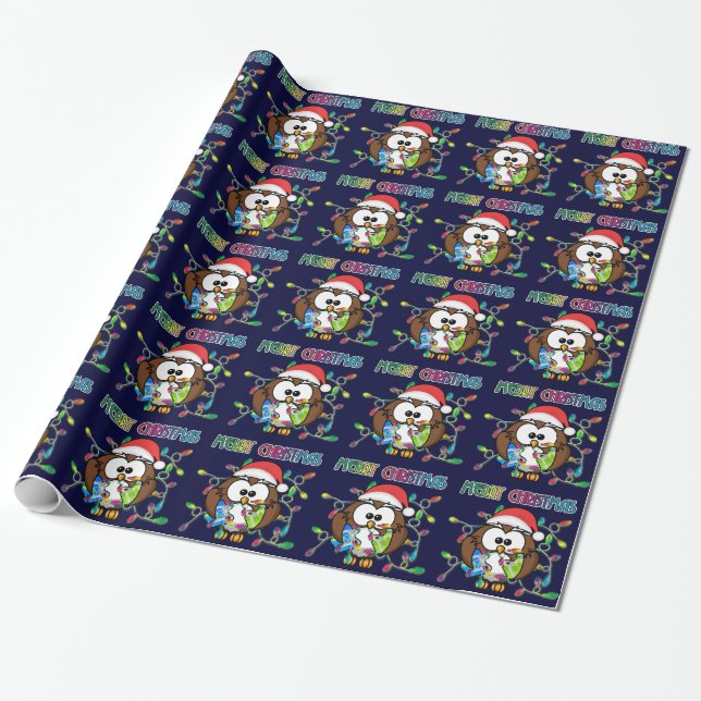 Santa owl & Christmas lights Wrapping Paper (Unrolled)