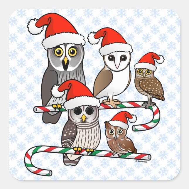 Santa Owls Square Sticker (Front)