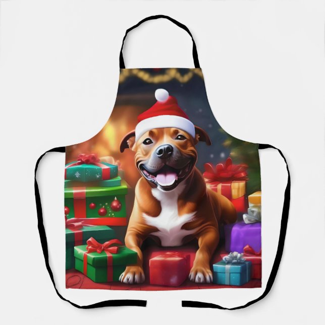 "Santa Paws: A Staffy’s Festive Surprise" Apron (Front)