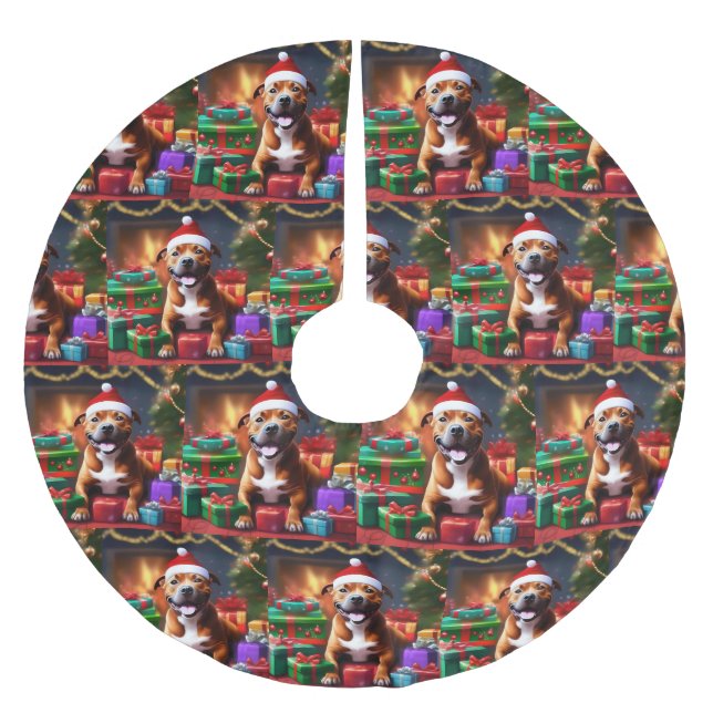 "Santa Paws: A Staffy’s Festive Surprise" Brushed Polyester Tree Skirt (Front)