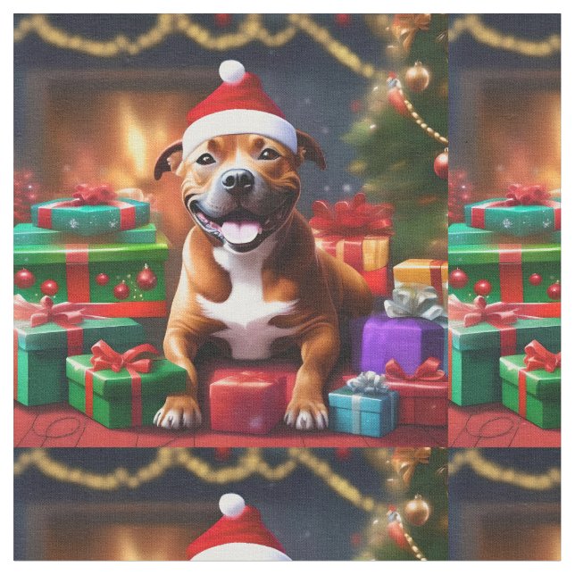 "Santa Paws: A Staffy’s Festive Surprise" Fabric (Close Up)