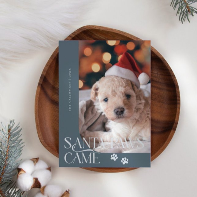 Santa Paws Came Dog Photo Slate Blue Christmas Holiday Card (Creator Uploaded)