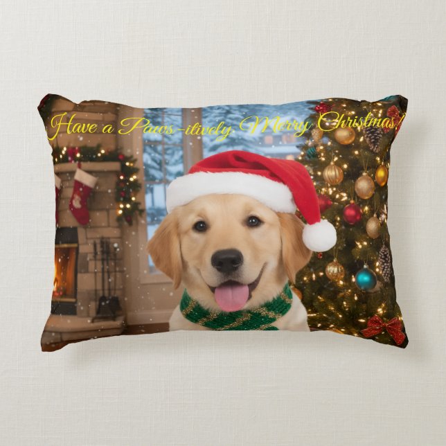 Santa Paws Christmas–Festive Golden Retriever Home Decorative Cushion (Front)
