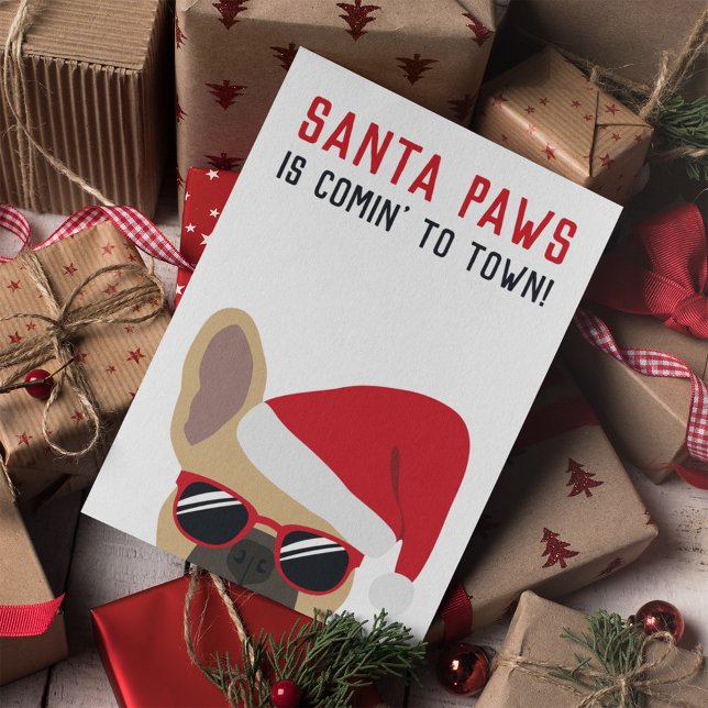 Santa Paws Christmas Light Fawn French Bulldog Card (Creator Uploaded)