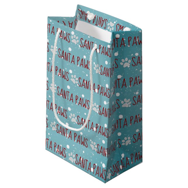 Santa Paws Christmas Pawprints and Snowflakes  Small Gift Bag (Front Angled)