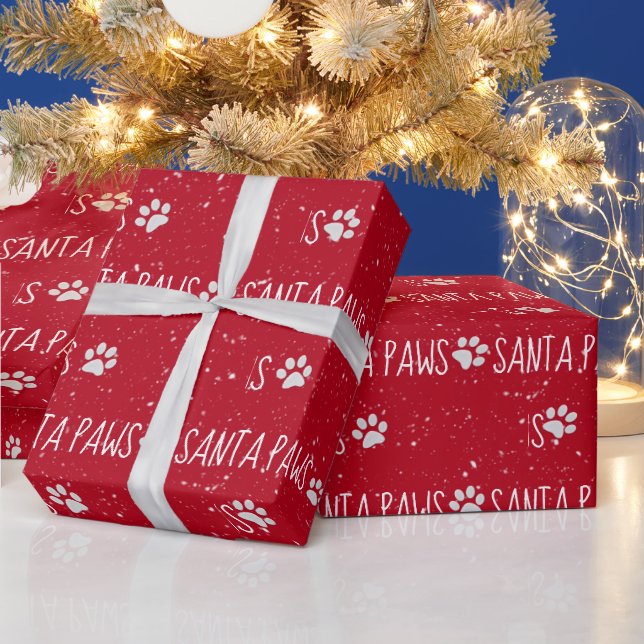 Santa Paws Christmas Pawprints on Red Wrapping Paper (Holidays)