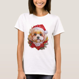 Santa Paws Delight" – Holiday Pup in Red Hat T-Shirt