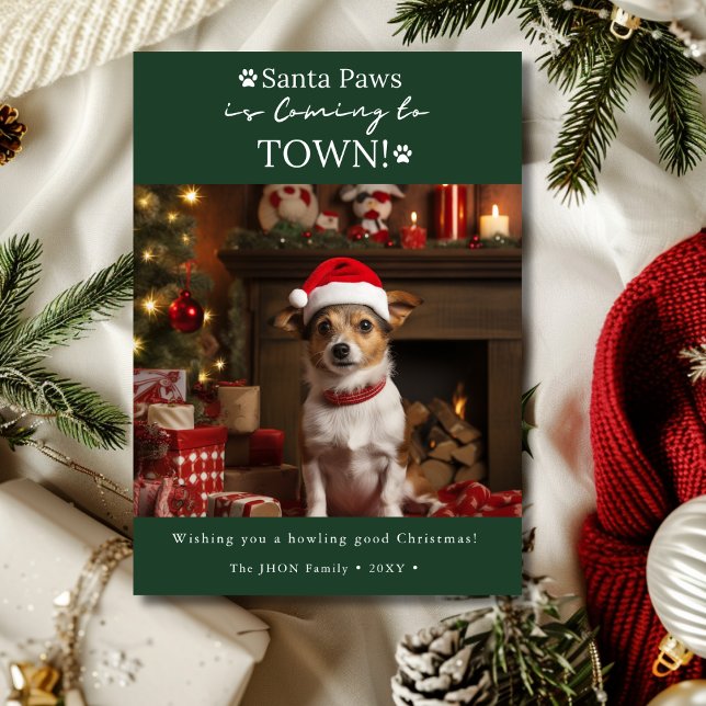 Santa Paws is Coming to Town Dark Green Dog Photo Holiday Card (Creator Uploaded)