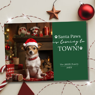 Santa Paws is Coming to Town! Dark Green Pet Photo Holiday Card
