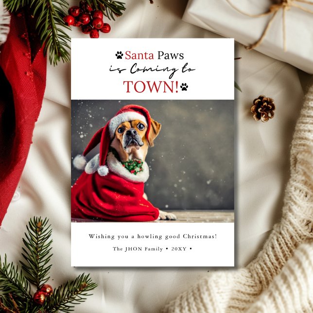 Santa Paws is Coming to Town! Dog Photo Christmas Holiday Card (Creator Uploaded)
