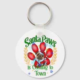 Santa Paws is Coming to Town, Xmas Christmas Pug Key Ring
