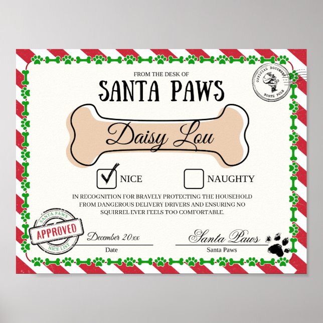 Santa Paw's Nice List Certificate for Dogs Poster (Front)