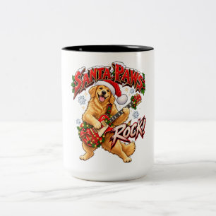 Santa Paws Rock Golden Retriever Christmas Guita Two-Tone Coffee Mug