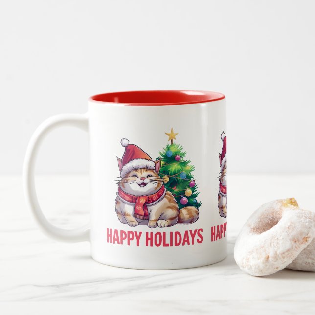 Santa Paws Says Happy Holidays Two-Tone Coffee Mug (With Donut)