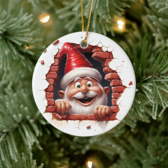 Santa Peeking Through Brick Wall - 3D Ceramic Tree Decoration (Tree)