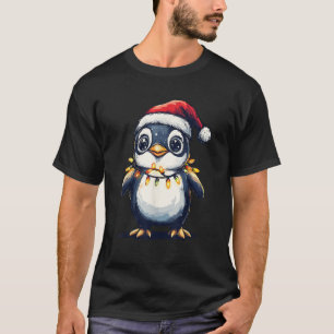 Santa Penguin Christmas Lights Boys Girls Penguin  T-Shirt