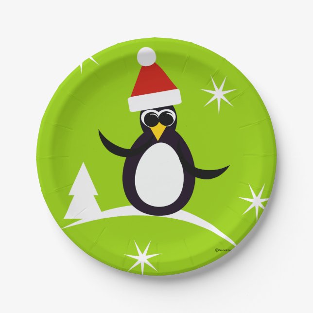 Santa Penguin Christmas Paper Party Plates (Front)