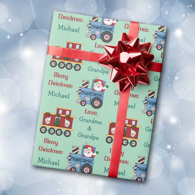Santa Penguin Train Kids Christmas Wrapping Paper (Creator Uploaded)