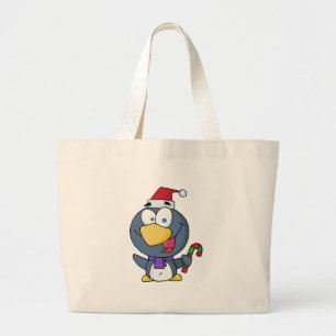 Santa Penguin with Candy Cane Large Tote Bag