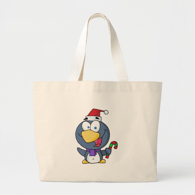 Santa Penguin with Candy Cane Large Tote Bag (Front)