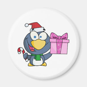 Santa Penguin with Christmas Gift and Candy Cane Magnet