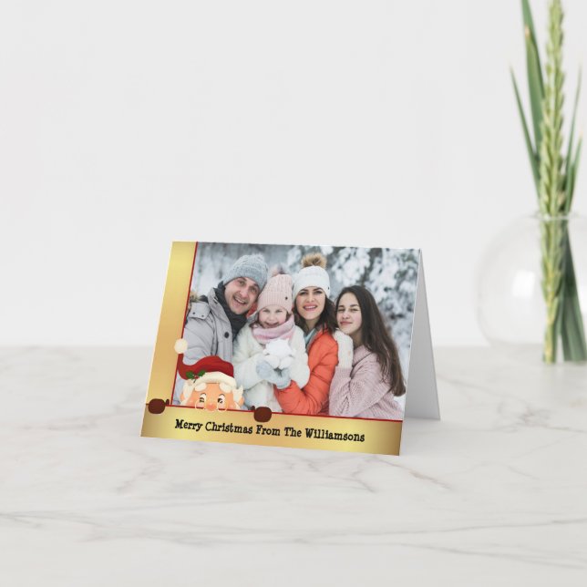 Santa Photo Bombs Gold Frame Christmas Photo Holiday Card (Front)