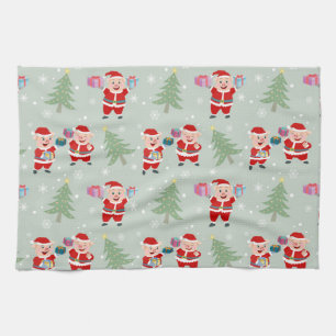 Santa  Pig Giving Gifts Pattern Tea Towel